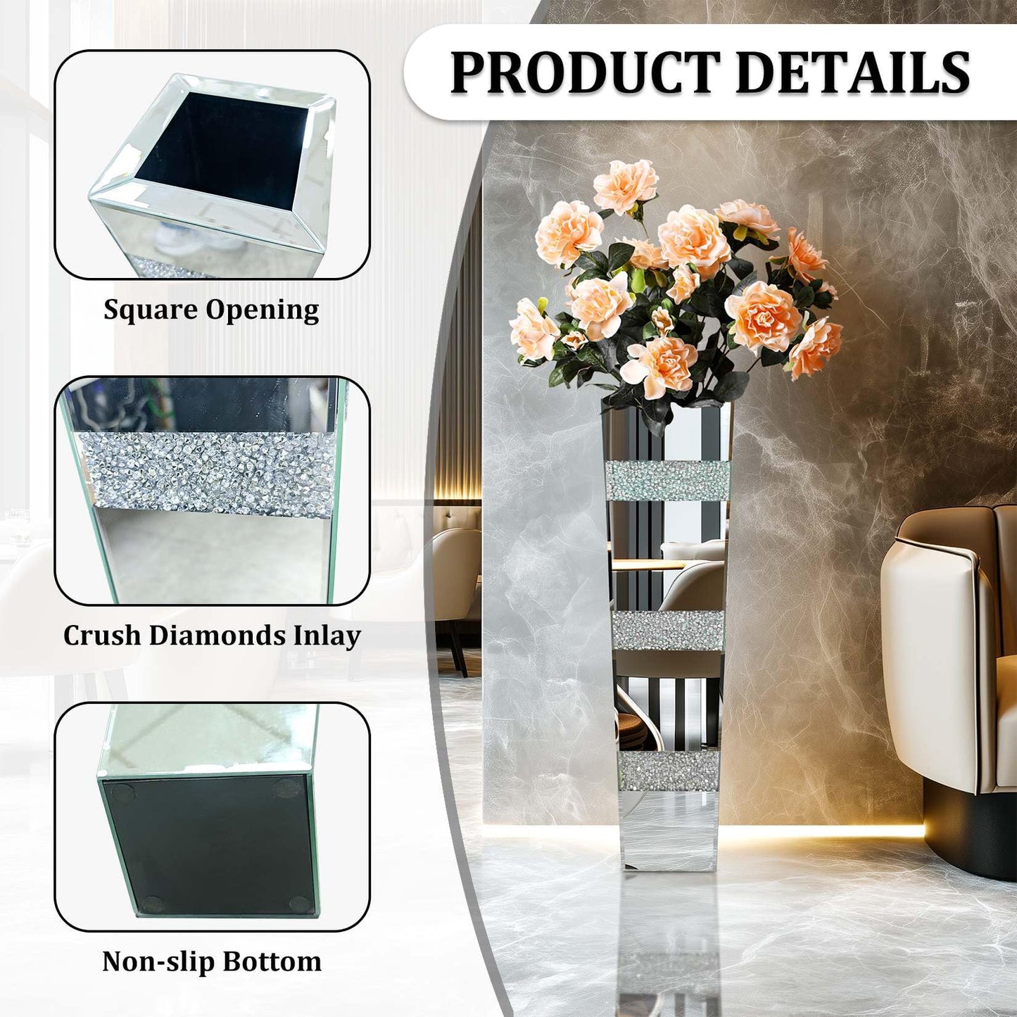 Artloge Diamond Mirror Vase Geometric Bling Decor 28 inch Tall Silver Luxury Decor