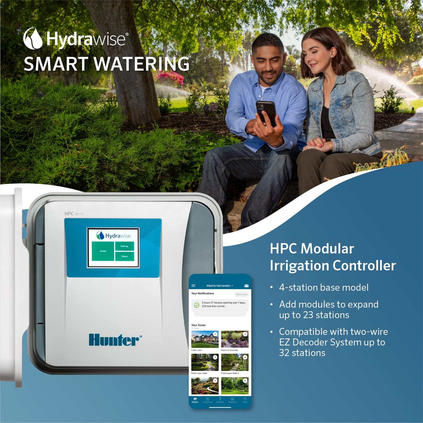 Hunter Hydrawise HPC400 Smart WiFi Irrigation Controller for Lawns and Gardens, 4 Zone, Expandable to 32 Zones, Weather Based, App Controlled Sprinkler System