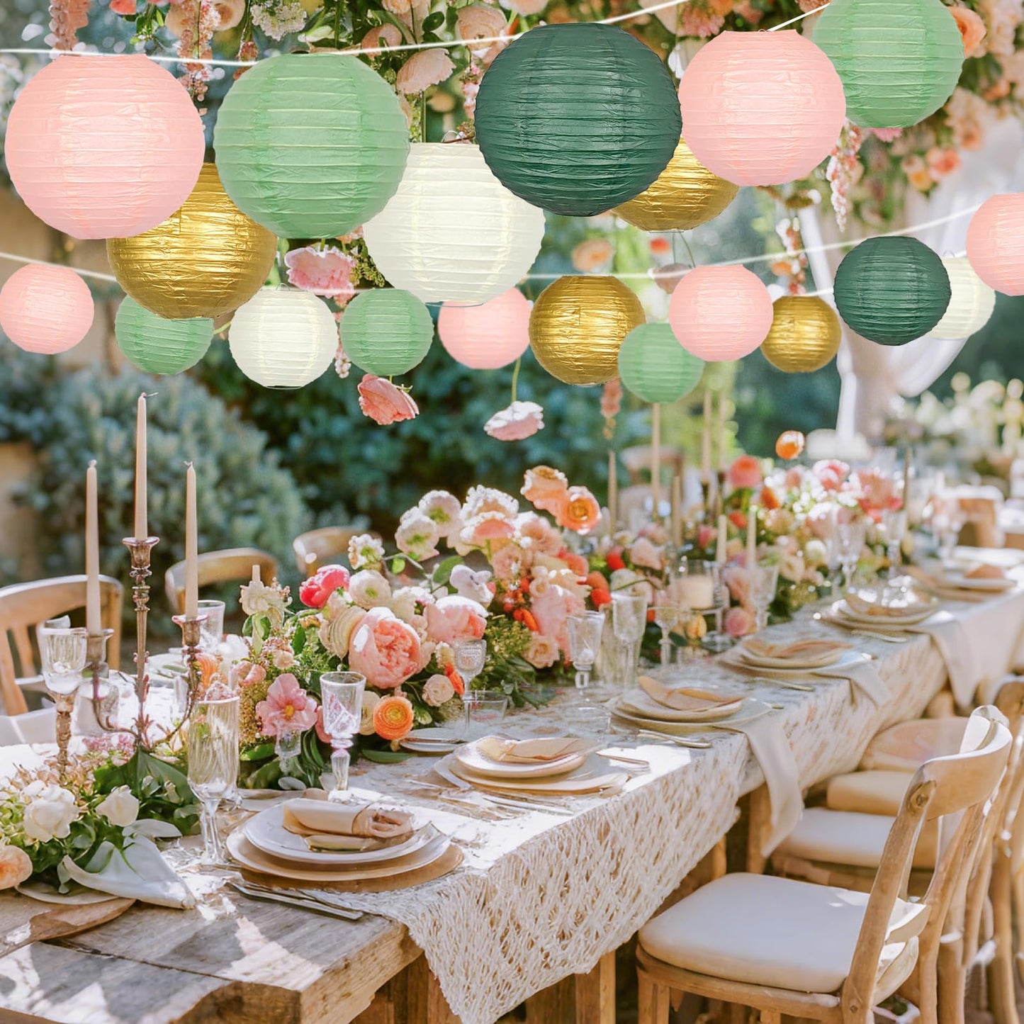 ADLKGG Paper Lanterns Decorative, Hanging Paper Lantern Decorations for Valentines Day Decorations Graduation Wedding St. Patrick's Day Neutral Baby Shower Home Decor Sage Green/Pink/Gold 21pcs
