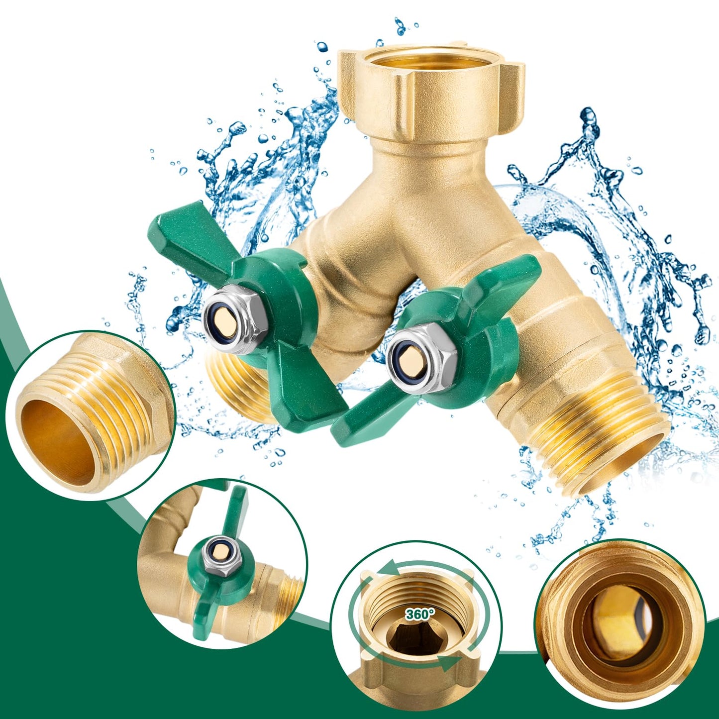 Garden Hose Splitter 2 Way, Heavy Duty Brass Hose Splitter, 3/4" GHT Hose Y Splitter with Shutoff, Full Flow Outdoor Faucet Splitter, Water Hose Y Valve Tap Adapter