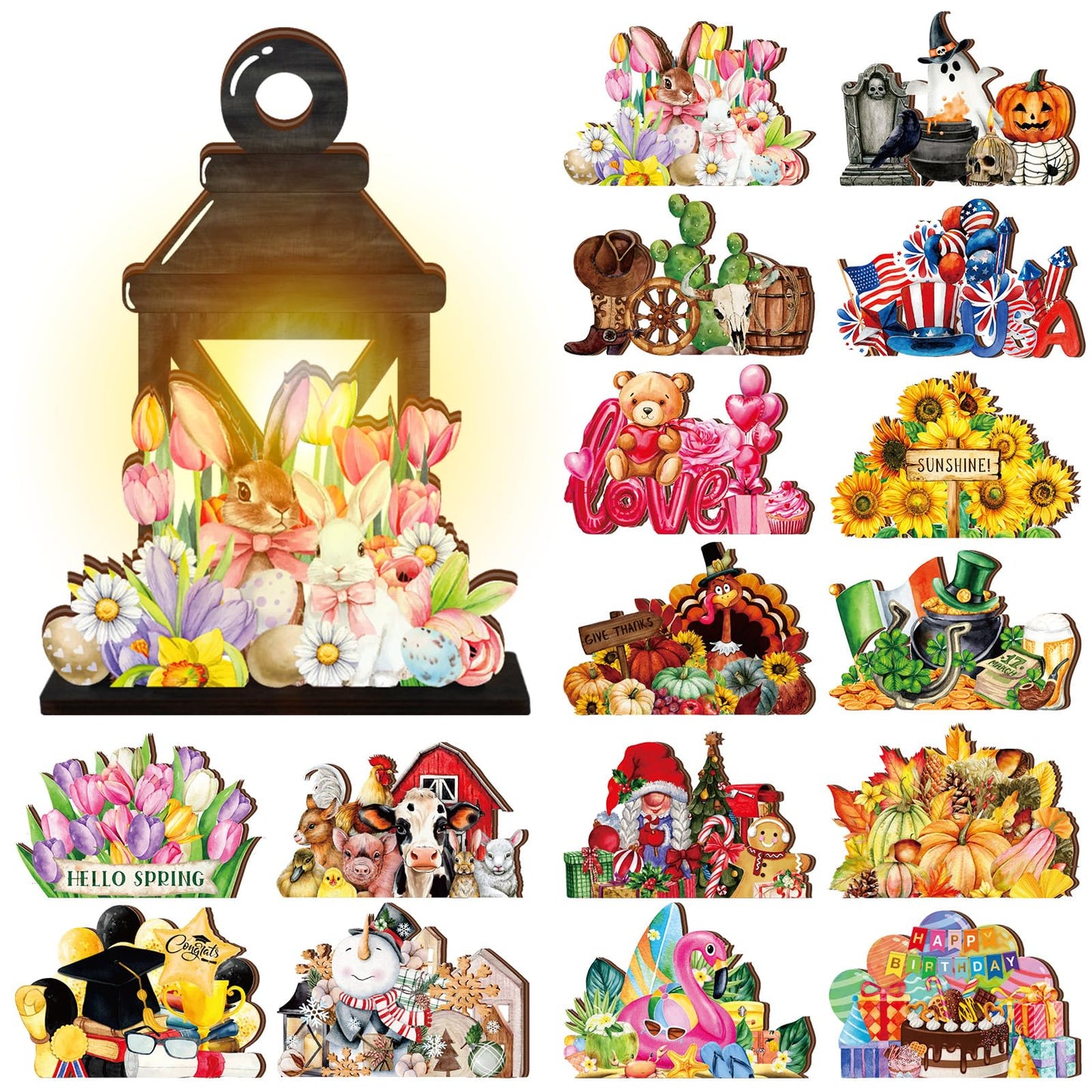 Yousoontic 4th of July Lighted Table Decor Interchangeable Seasonal Table Lantern Decor with 16 Holiday Spring Summer Wooden Signs 4 LED for Home Office Desk Welcome Ornaments Gift