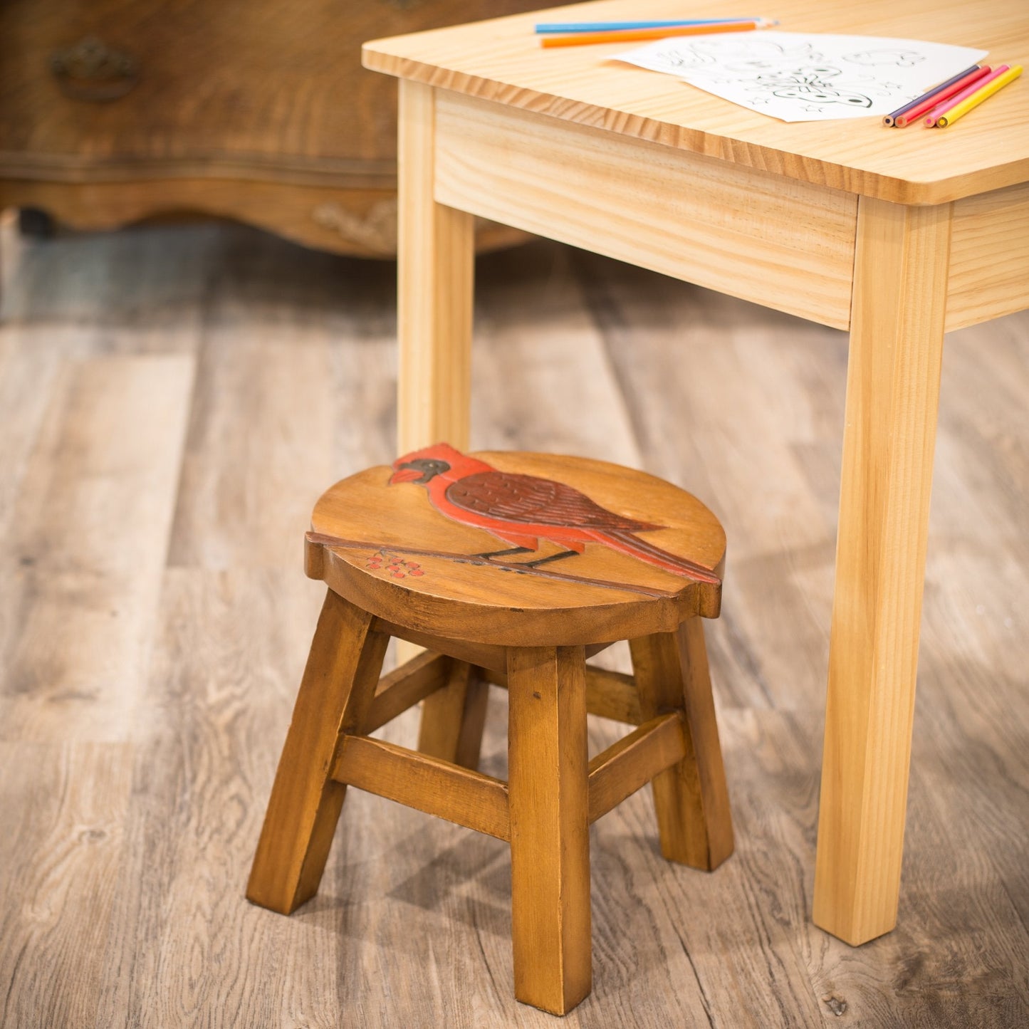 Sea Island Imports Cardinal Design Hand Carved Acacia Hardwood Decorative Short Stool