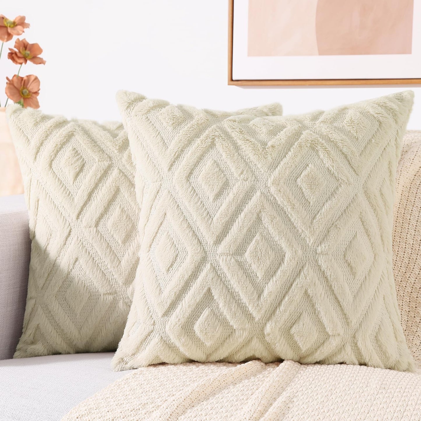 decorUhome Summer Couch Euro Sham Throw Pillow Covers 26x26 Set of 2, Decorative Soft Plush Faux Fur Wool Accent Pillow Covers for Modern Farmhouse Bed Sofa Living Room, Beige