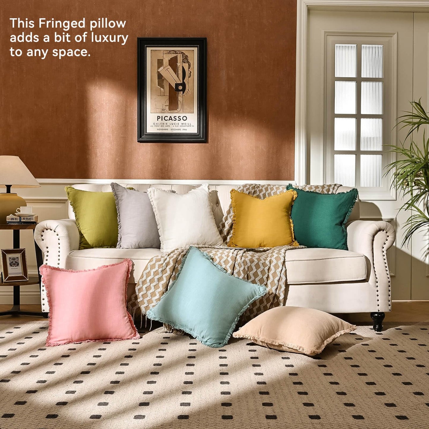 AmHoo Pack of 2 Linen Pillow Covers with Tassels Fringed Decorative Rustic Natural Throw Pillowcase Cushion for Couch Sofa Bedroom 18 x 18-Inch Mustard Yellow