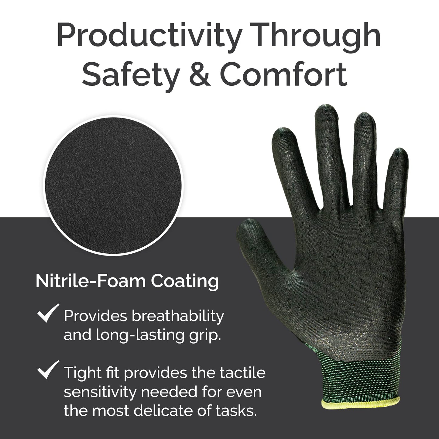ADVANCED GLOVES – NiTex P-200 Nylon Nitrile Gloves, Breathable Nitrile Foam Coated Utility Gloves for Insulated Grip, Black, 6-Pair, Large