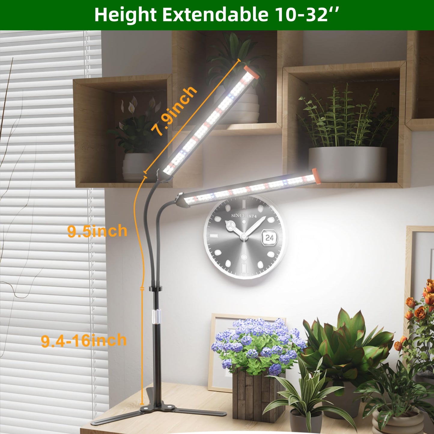 GooingTop Grow Light for Indoor Plants,5000K Full Spectrum Growing Plant Lamp with White Red Blue LED for Pots Succulents Seed Starting,Height Adjustable 10-32'' with Optional Dimming & Timer