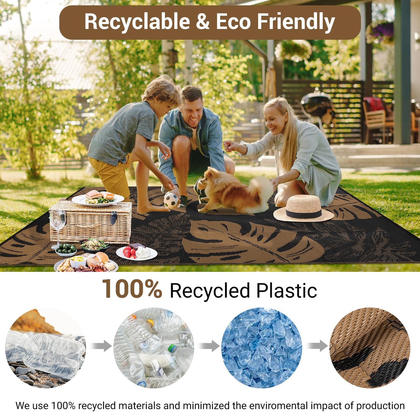 GAOMON Outdoor Rugs 8x10 Waterproof Reversible Plastic Straw Rug Modern Patio Rug, Foldable Lightweight RV Camping Mat with Portable Bag & 4 Stakes, UV Resistant & Sturdy for Picnic, Brown