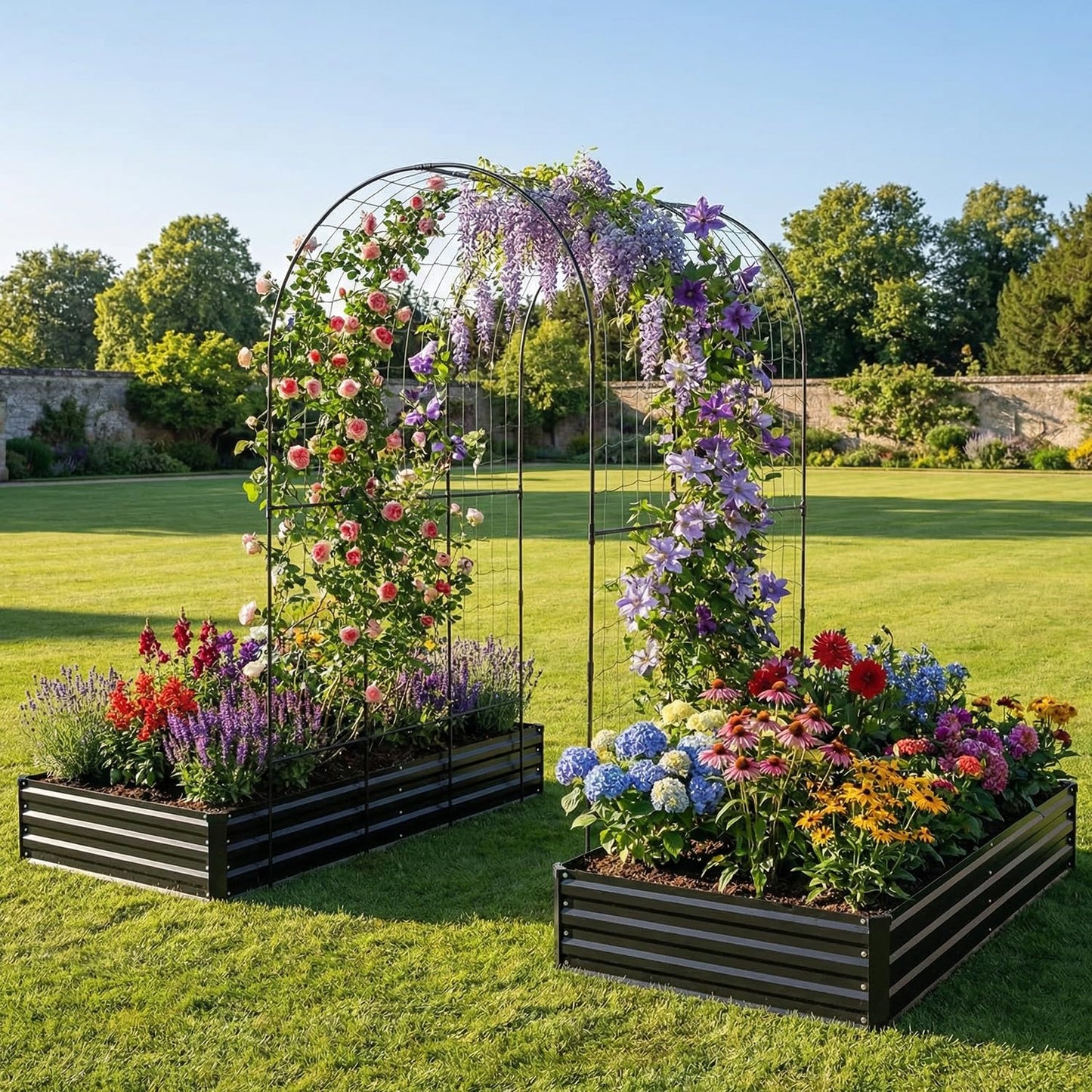 DTIG Galvanized Raised Garden Bed with Trellis, 6×3×1 FT 2 Pack Outdoor Garden Bed, Upgraded 4×3 Support, Black
