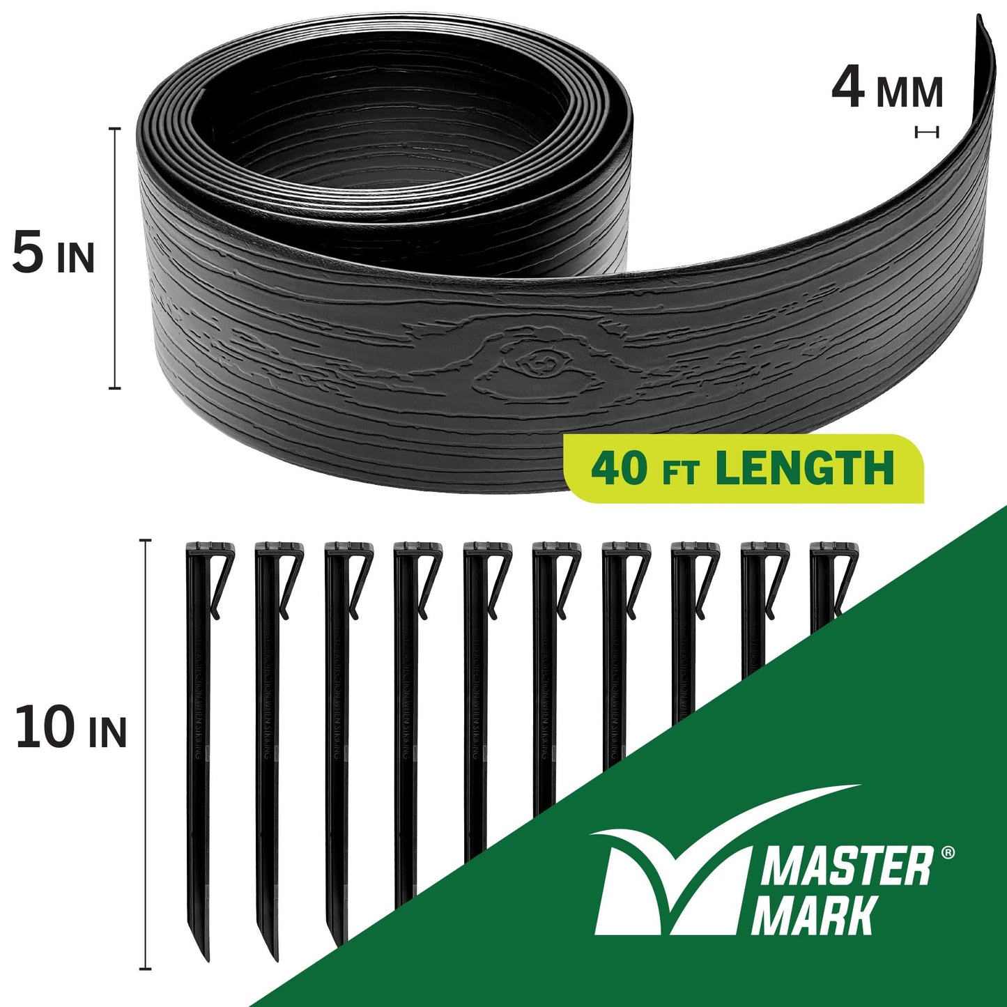 MASTER MARK Terrace Board, Landscape Coiled Edging, Grass Barrier, Bender Board, Flower Bed, Vegetable Garden Borders 5 in. x 40 ft. with 10 Stakes (Black)