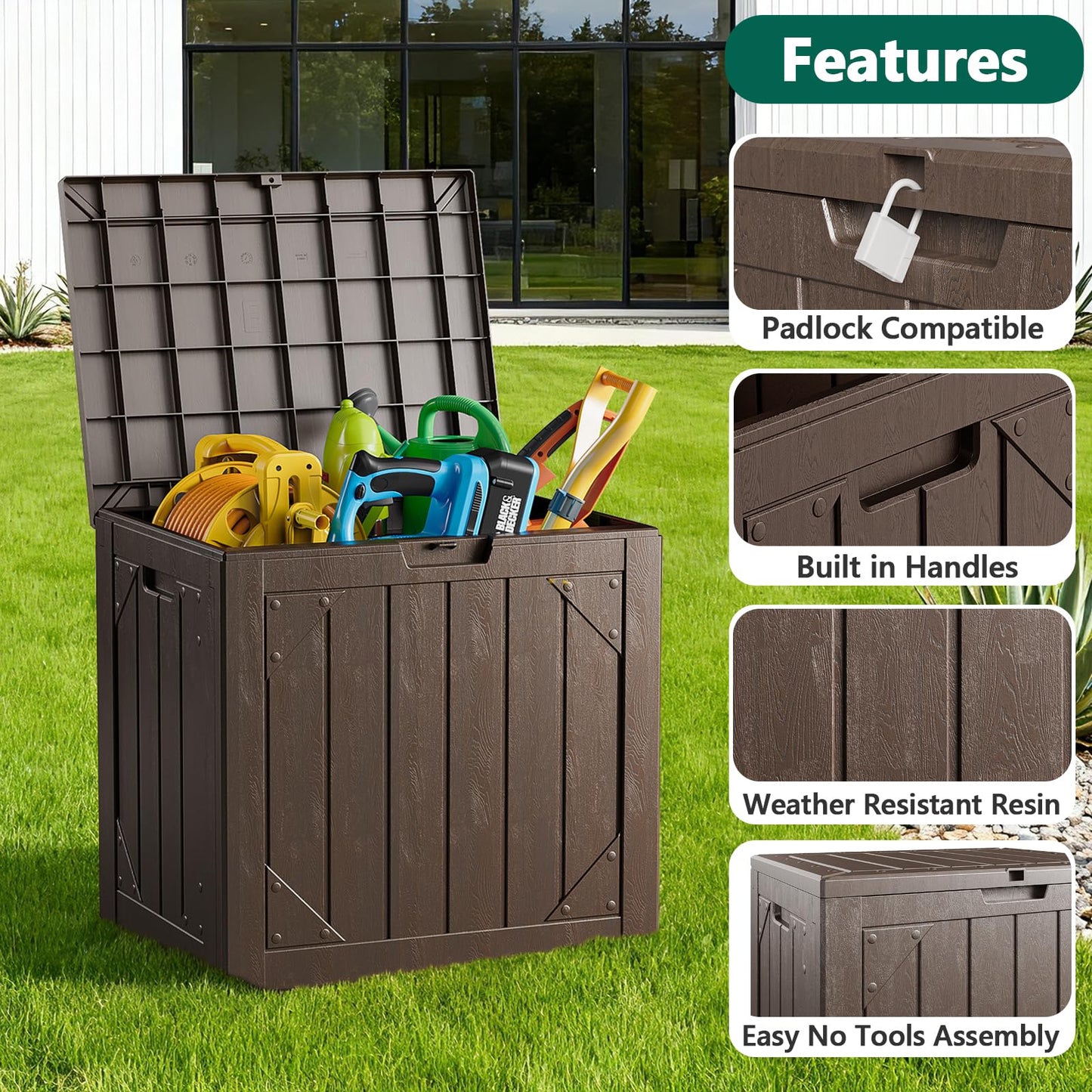 MAKE CHANGES Outdoor Storage Box,30 Gallon Deck Box Outdoor Storage Bench Outside Waterproof Resin Storage Bench, Lockable Patio Cushions, Garden Tools Storage For Furniture, UV Resistant