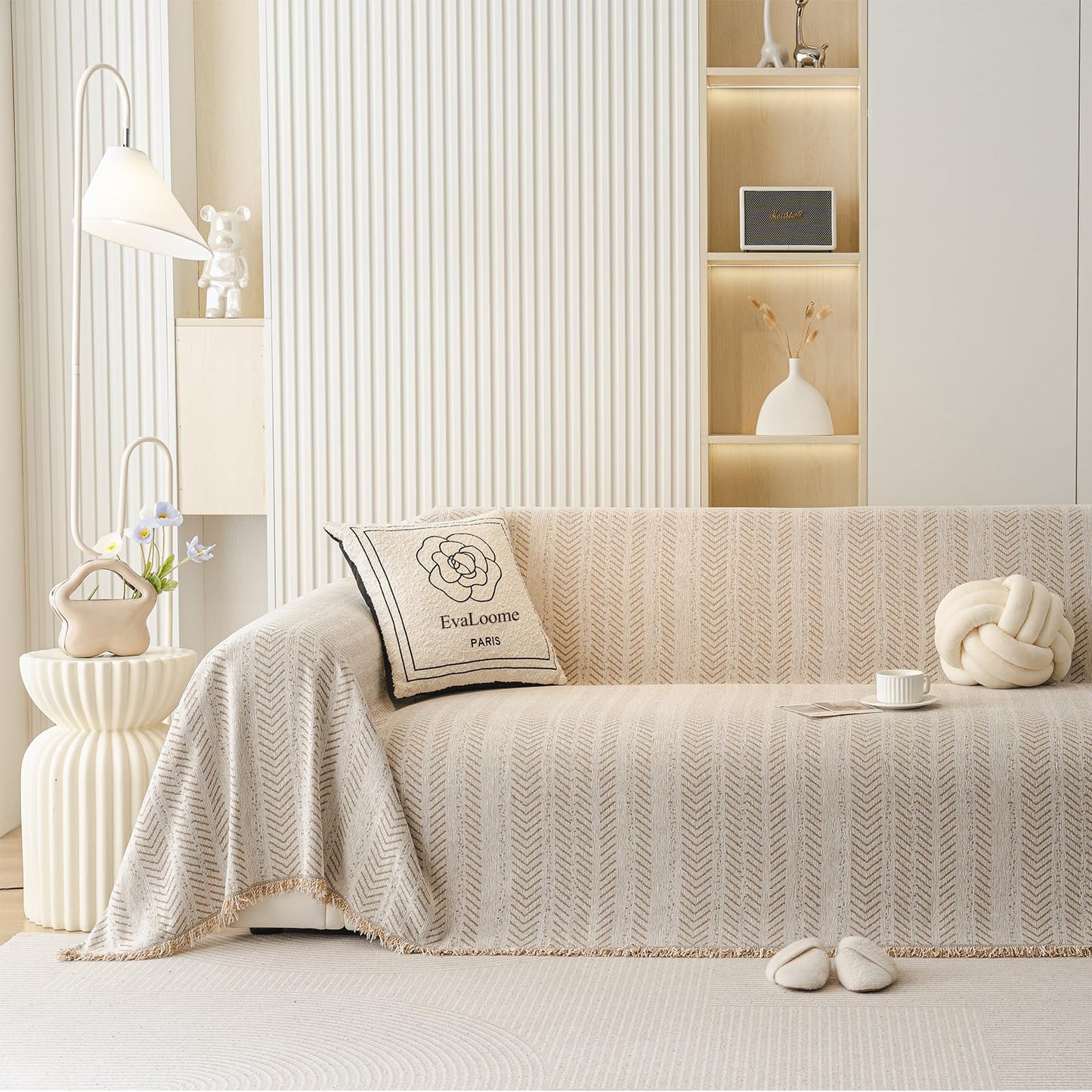 EvaLoome Chenille Sofa Throw Blanket with Herringbone Pattern and Tassel Edges, Thick & Soft Couch Cover, Machine Washable, Anti-Slip, Pet-Friendly, Fits 2/3-Seater (Beige, 71″x134″)