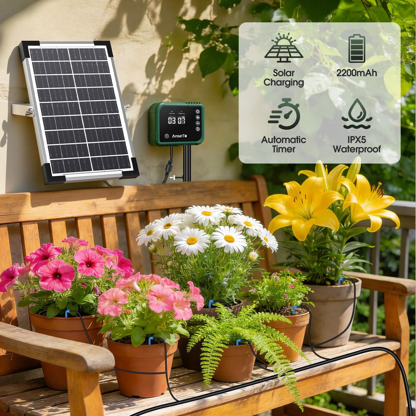 AnseTo 8W Solar Drip Irrigation System for Gardens, DIY Automatic Drip Kit, Supports Watering 30 Pots, Includes 35m Drip Hose and 30 Emitters Suitable for Gardens/Greenhouses/Outdoor Irrigation Timer