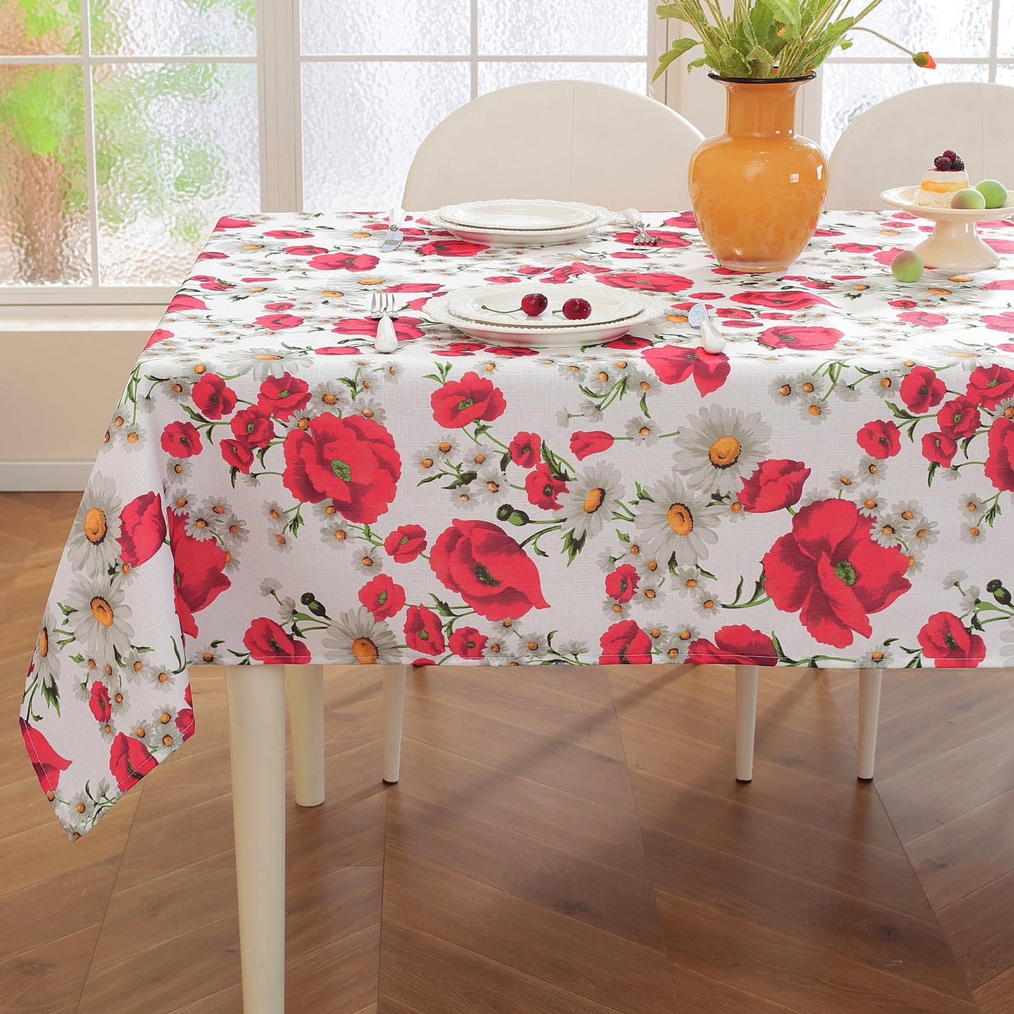 SASTYBALE Spring Summer Tablecloth 52 x 70 Inches Rectangle Red Floral Table Cloth, Washable Water Resistant & Wrinkle Free Polyester Texture Table Cover for Party,Picnics, and Dinner Decor