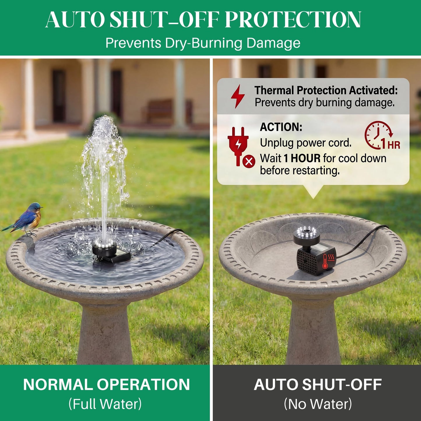 Dunkive Bird Bath Fountains with 12 LED Lights, 24 Hour Working Fountain Pump with Light, Adjustable Watering Submersible Pump for Outdoor Water Garden, Pond(Cool White)