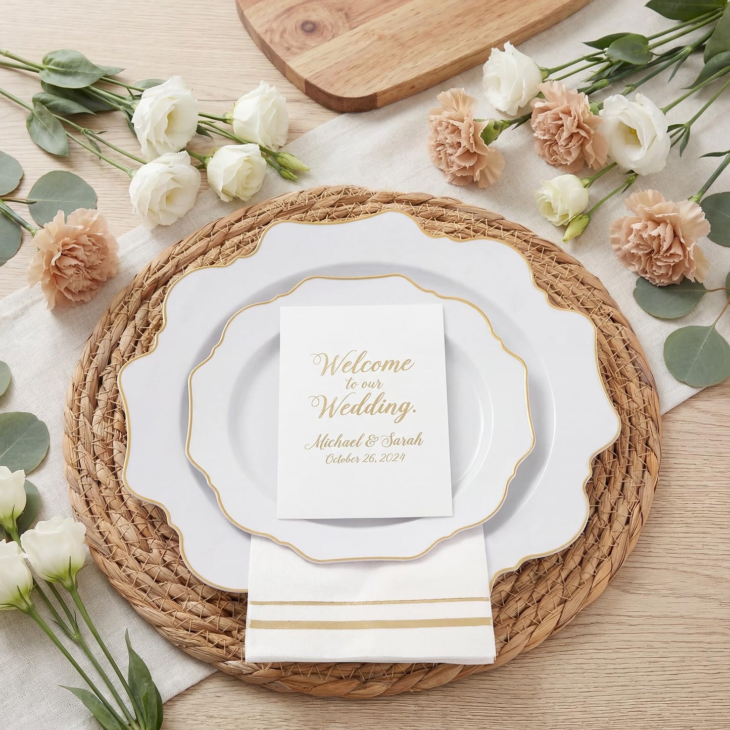 WDF 175Pcs Gold Plates Disposable - White and Gold Plastic Plates 25guest Plastic Dinnerware Ideal for Party/Wedding/First Communion/Spring/Mother's Day