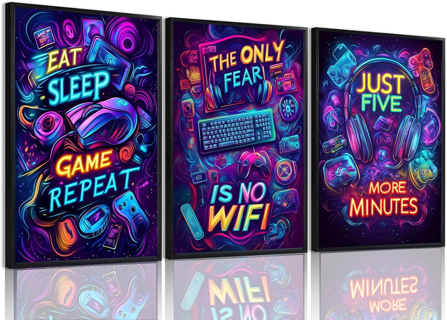 Yolbcdr Neon Gaming Posters Video Game Wall Art Prints Set of 3 Game Room Decor Gaming Sign Painting Playroom Cool Pictures Gamer Wall Decor for Boy Teen Men Bedroom Bathroom 12x16in Unframed