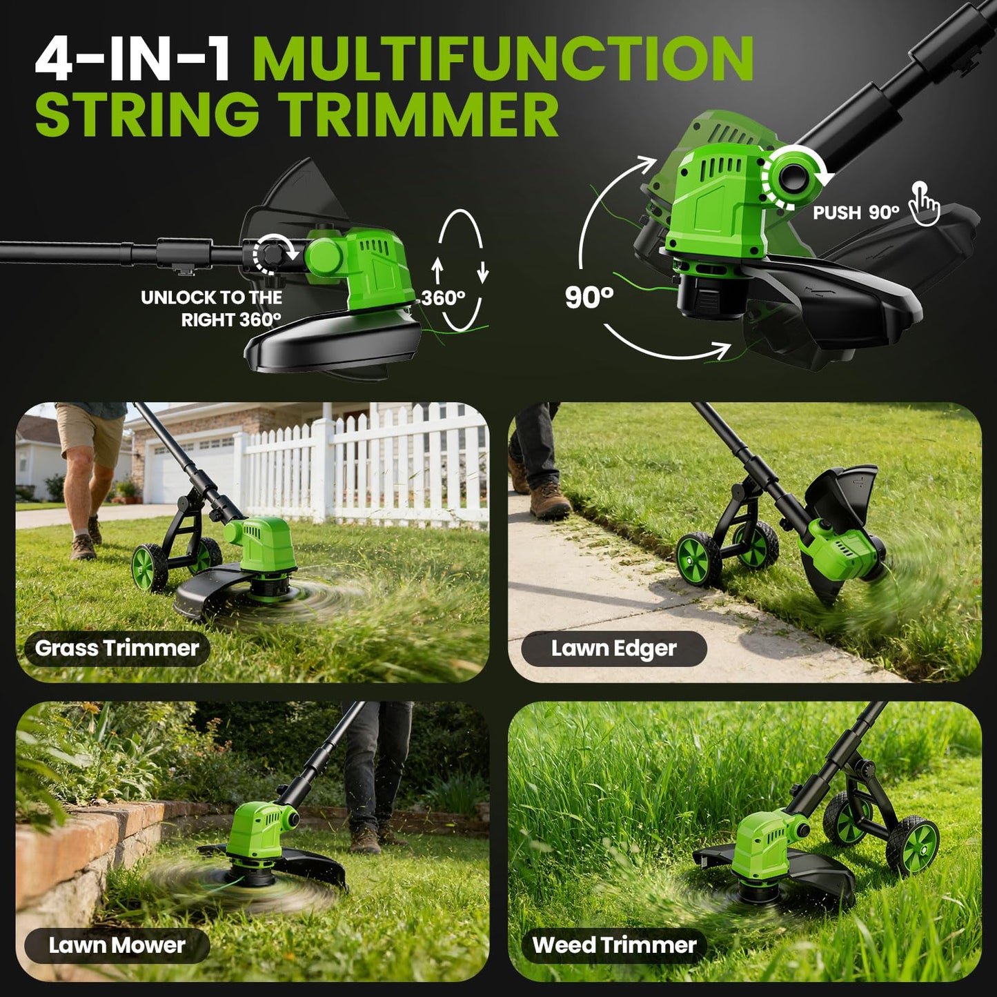 14" Electric String Trimmer Cordless Battery Powered Weed Eater with Wheel, 3-in-1 Cordless Grass Trimmer/Electric Weed Wacker/Edger, Weed Trimmer with 8 Replacement Spools for Garden, Lawn (Green)