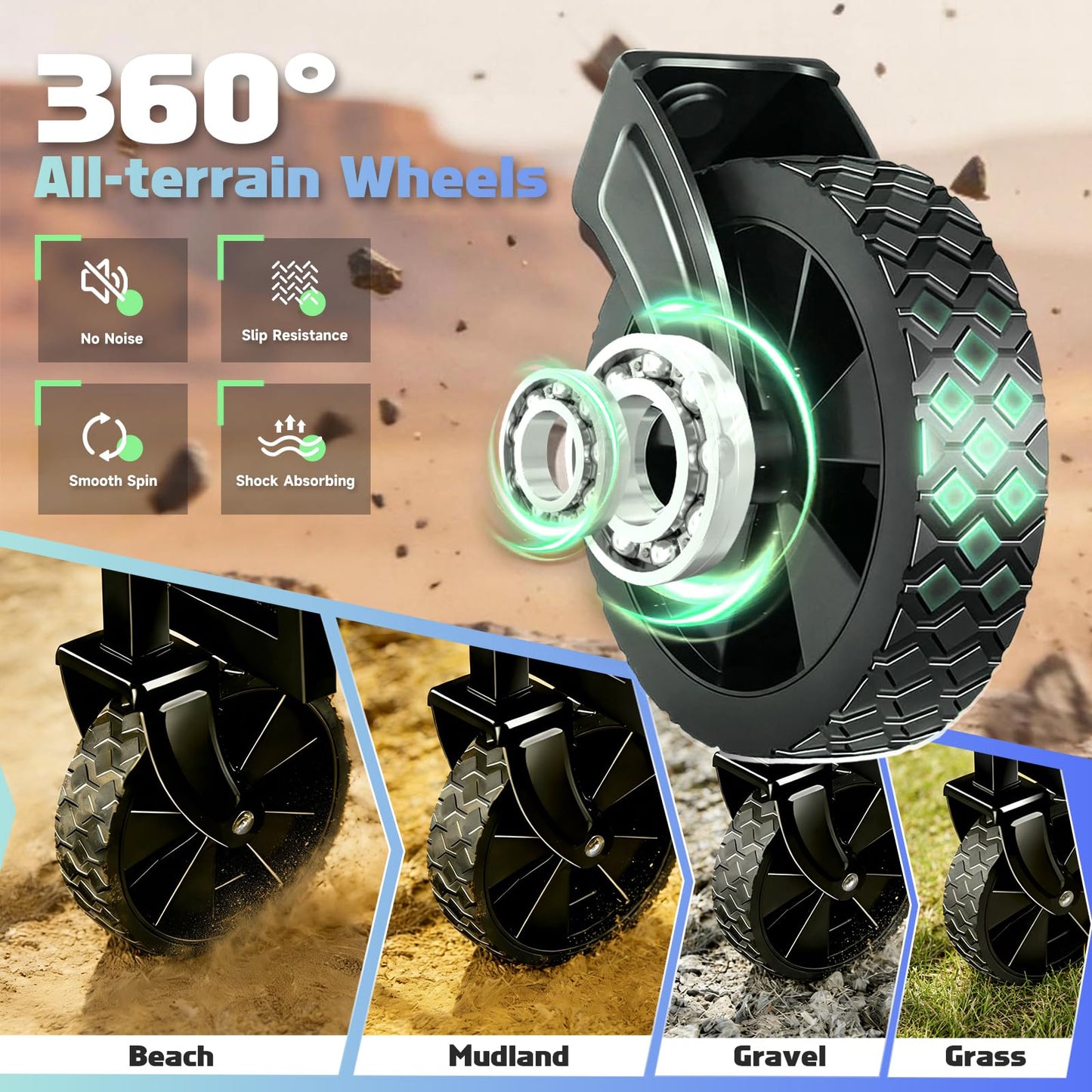 360LBS Collapsible Wagon Cart with Wheels - Heavy Duty Folding Wagon Carts for Grocery, Lightweight Utility Wagon with All-Terrain Wheels & 2 Cup Holders, Portable Beach Wagon for Shopping Garden