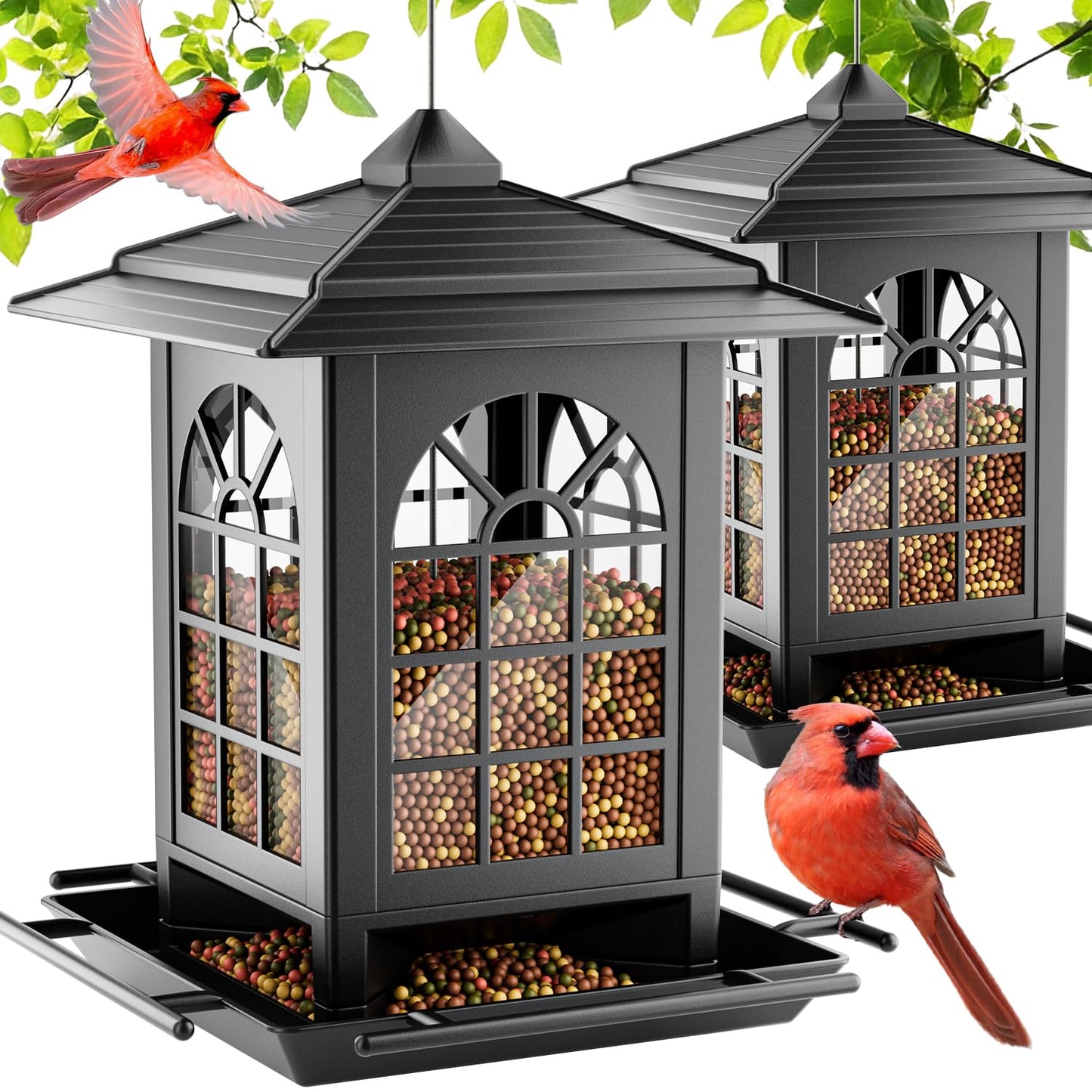 Birdream 2 Pack Bird Feeders for Outdoor Hanging, Assembly Required, 1-Min Easy Setup, Classic Courtyard Design, Attracting Cardinals Chickadees Goldfinches & Sparrows, Total 7 LB - Black
