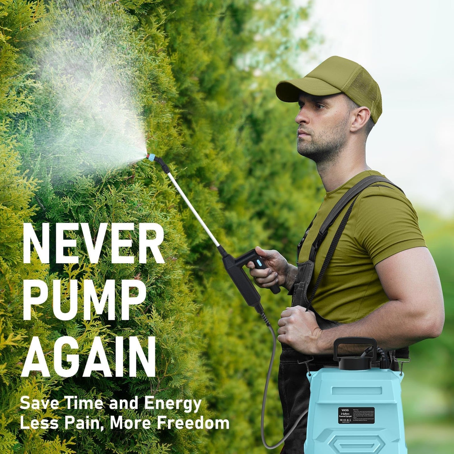 VASG Battery Powered Garden Sprayer 2 Gallon, 7.4V Powerful Electric Pump Sprayer, Weed Sprayer with USB Rechargeable Handle, 5 Mist Nozzles, Retractable Wand, Adjustable Strap for Lawn, Garden, Yard