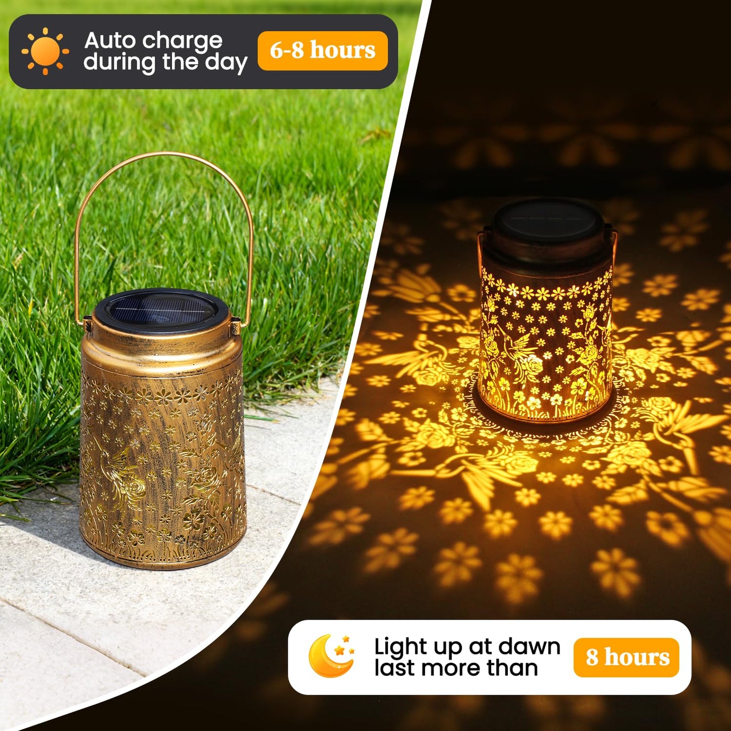 Babineto 2 Pack Solar Lanterns Outdoor Waterproof Hummingbird Garden Decor Gift for Women, Mom, Grandma, Metal LED Decorative Hanging Light for Yard, Patio, Lawn
