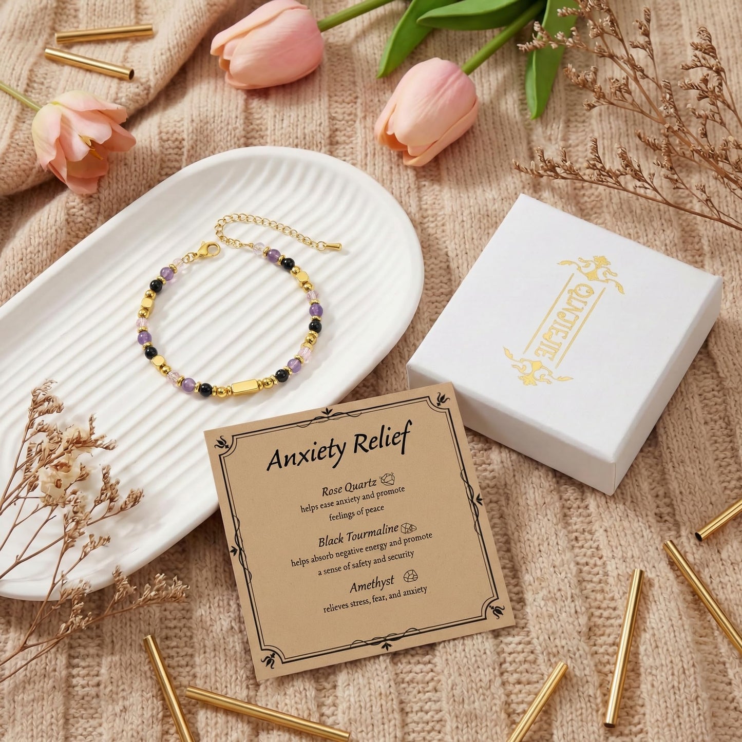 QINJIEJIE Anxiety Relief Bracelet for Women Stress Relief Gifts Healing Crystals Kalm Menopause Bracelets Depression Amethyst Crystal Anti Anxiety Panic Attack Relief Jewelry Crystal Bracelet