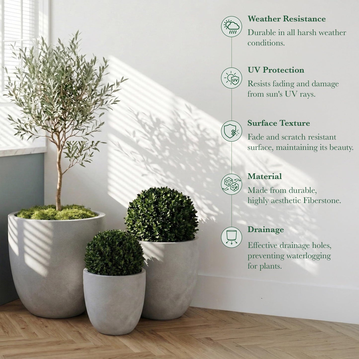 DTY Mount Yale 15.7" D x 15" H (Pot Opening 12.2") Fiberstone Planter with Drainage Hole, Weather Resistant for Indoor and Outdoor, 2 Extra Coco Mats - Gray, Medium