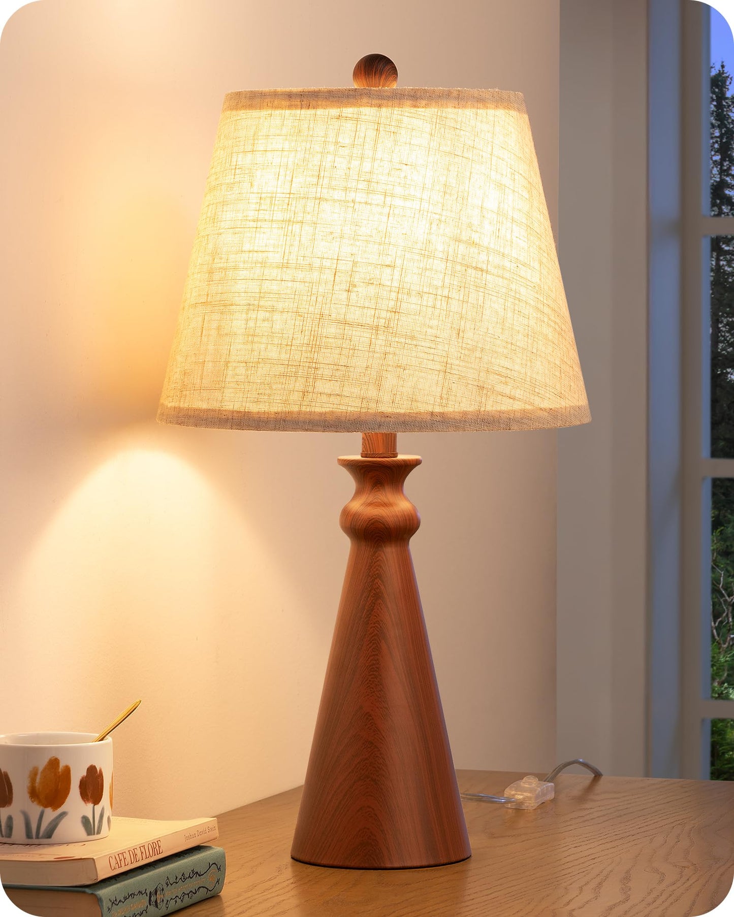 EDISHINE 21.85" Boho Table Lamp, Rustic Bedside Lamp, Water Transfer Red Wood Grain Metal Base, Beige Linen Shade, Farmhouse Nightstand Lamp for Living Room, Bedroom, Office, E26 Base