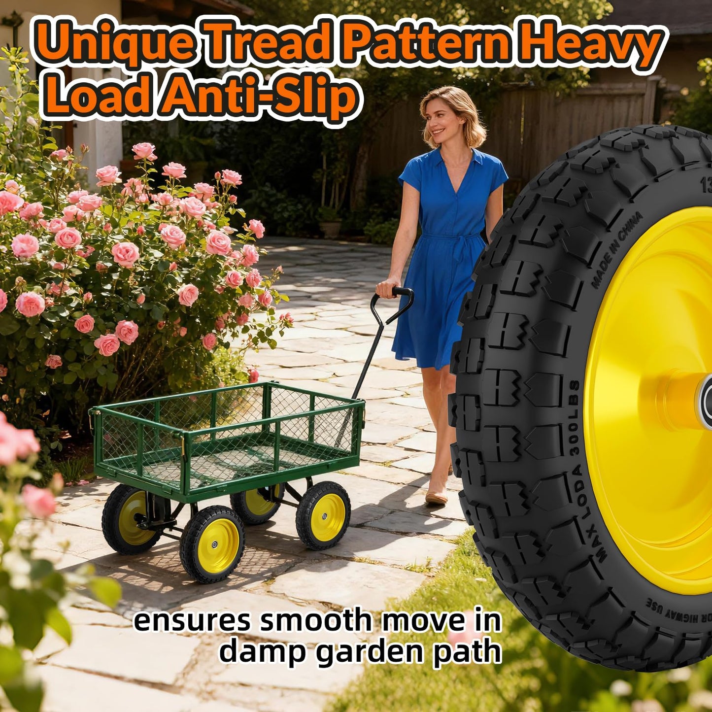 RONPOW 4.00-6 Flat Free Tire and Wheel, 13 Inch Solid Garden Wheelbarrow Tires, 300Lbs with 5/8" & 3/4" Axle Hole, 1"-3.5" Hub for Garden Cart, Wheelbarrow, Hand Truck, for Home Farm, 2Pcs Yellow