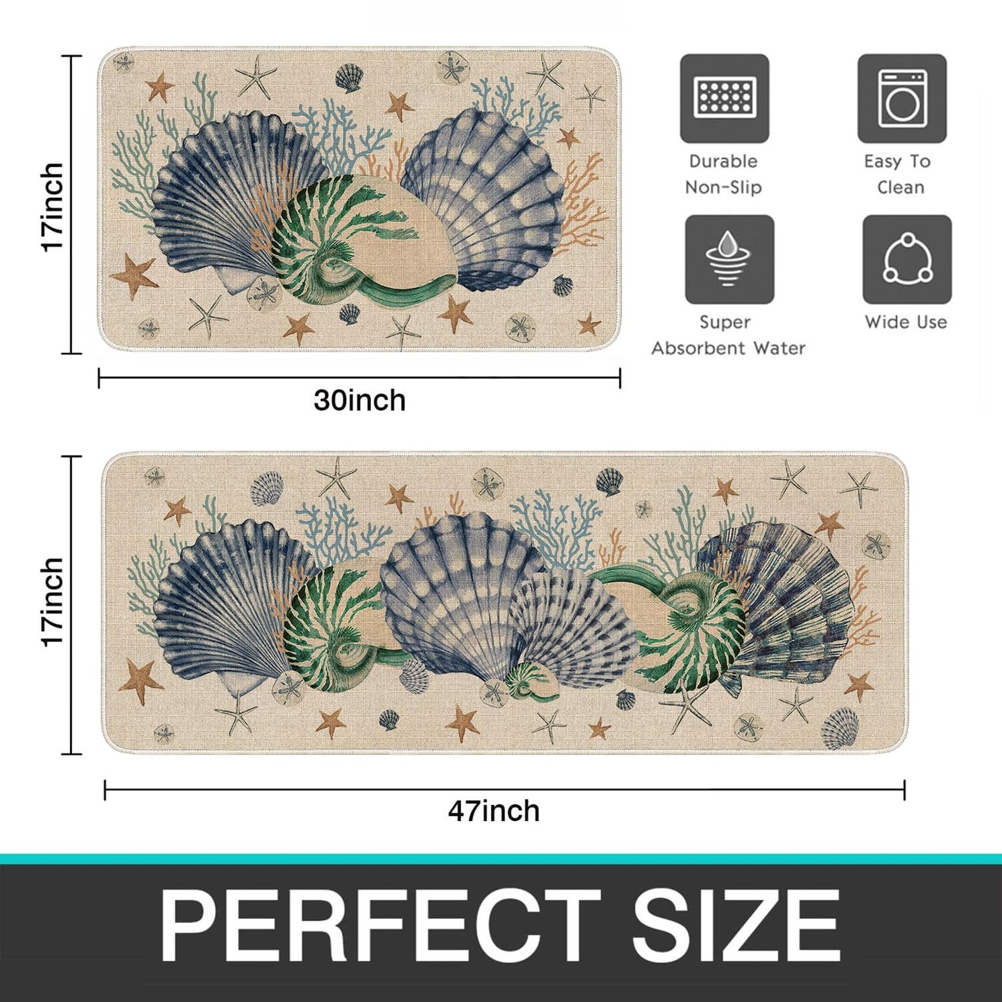 Faptoena Shells Coral Whelks Starfish Kitchen Rugs Set of 2,Ocean Theme Kitchen Mats for Floor,Summer Beach Sink Mats Home Decor Doormat+Runner Rug