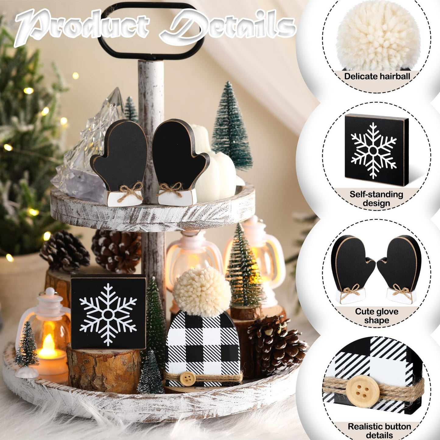 Wenqik 4 Pcs Winter Table Decor Snowflake Gloves Hat Wooden Table Centerpiece Black and White Rustic Farmhouse Wood Tiered Tray Decor Block Sign for Winter Holiday Party Office Shelf Home
