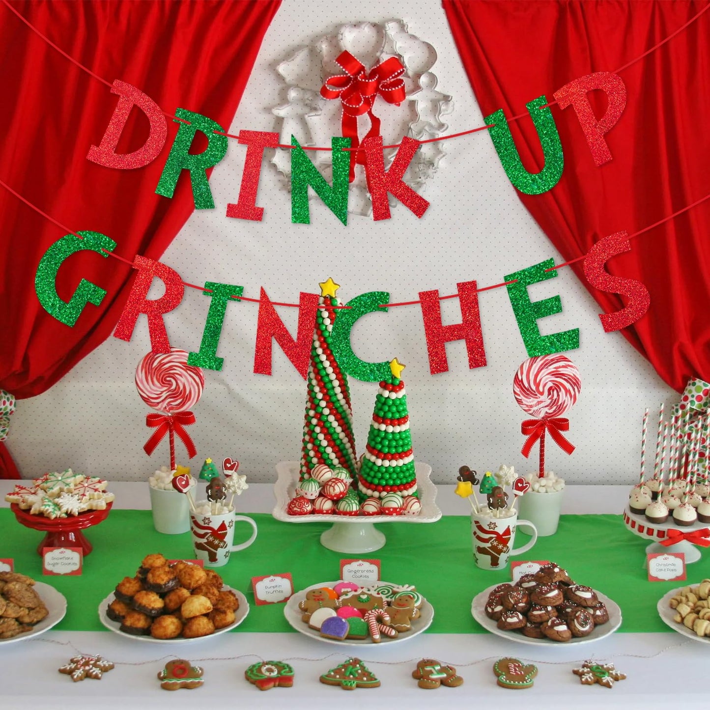 Rismise Drink Up Christmas Decorations Red Green Glittery Christmas Banner Xmas Garland Banners Winter Holiday Garland Photo Props Banners Christma Party Decorations for Xmas Backdrop Decorations