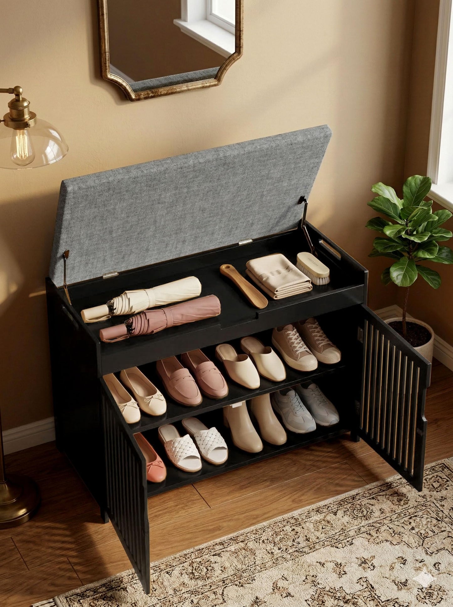 WISUCART Shoe Storage Bench with Cushion Seat, Bamboo Entryway Shoe Rack Bench, 2-Tier Shoe Organizer for Entryway, Bedroom, Hallway, Living Room, Holds Up to 330 lbs, Black