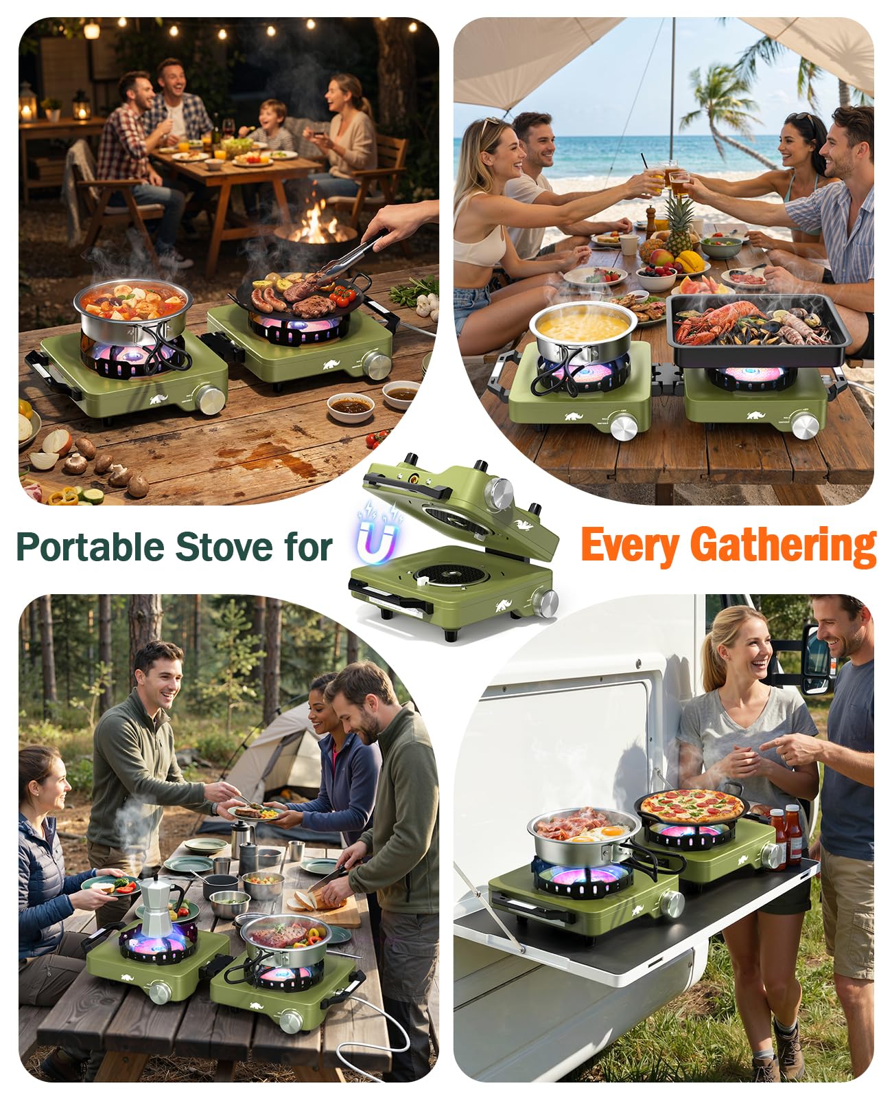 2 Propane Burners Camping Stove, 30,000 BTU Folding Camp Stove with Windproof Grates and Frying Pan, Portable Camping Stoves with Carrying Bag, Camping Essentials for Tailgating/Grilling/Coffee, Green