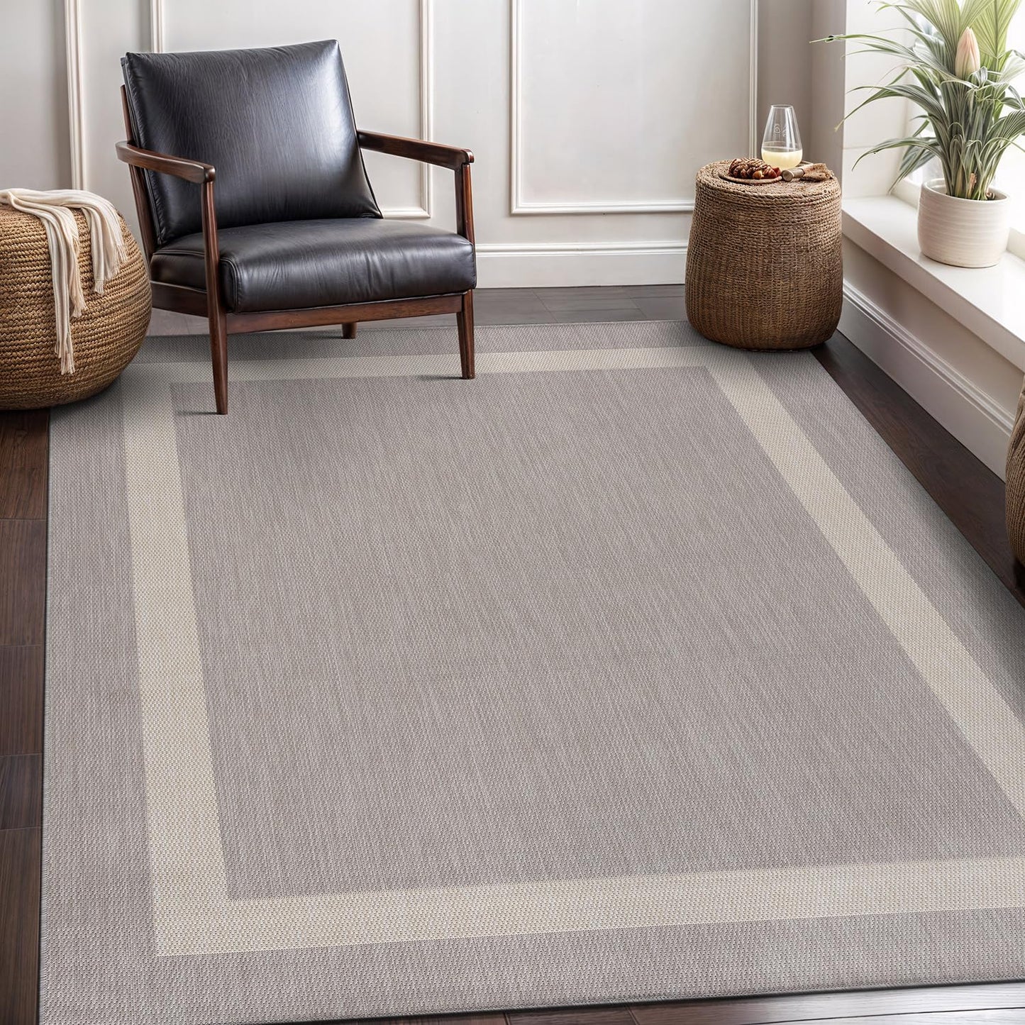 CAMILSON Outdoor Rug 6x9,Modern Outside Rugs for Patios Porches Waterproof Durable Washable Non-Shedding, Easy-to-Clean Indoor Outdoor Area Carpet (6 x 9, Bordered - Gray/White)