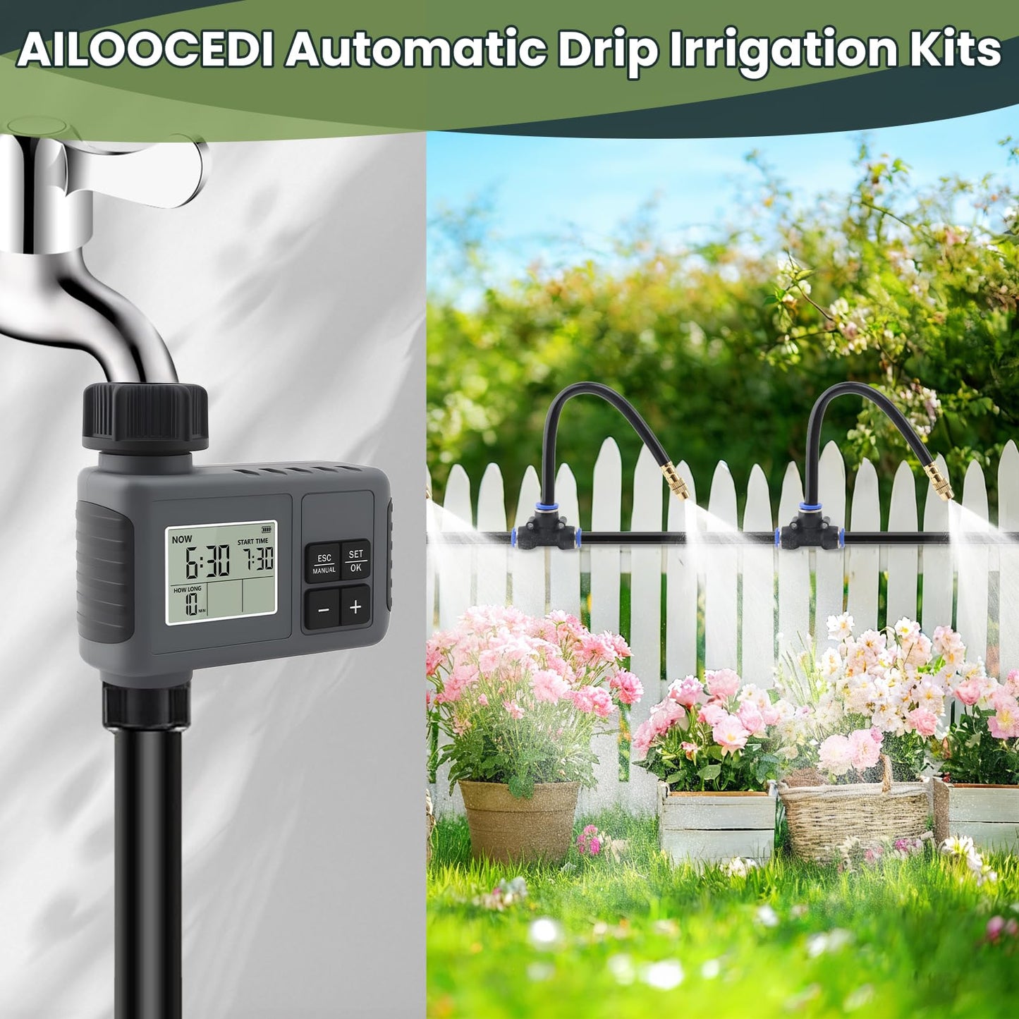 100FT Automatic Drip Irrigation Kits with Water Timer - Garden Watering System with 360° Bendable Spray Adjustable Copper Atomizing Nozzles for Yard, Lawn, Raised Bed, Greenhouse, Potted Plants