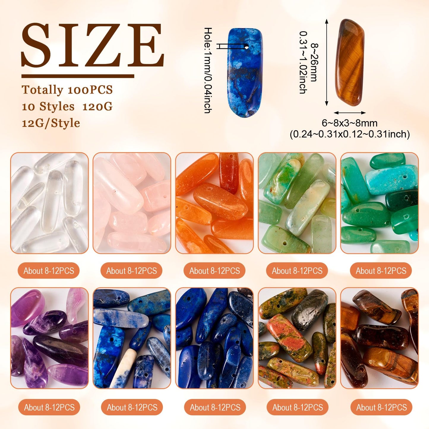 100Pcs Natural Gemstone Nuggets Beads Genuine Natural Gemstone Chip Beads Irregular Gemstone Bead Crystal Stone Bead Top Drilled for Bracelet Necklace Earrings Crafts