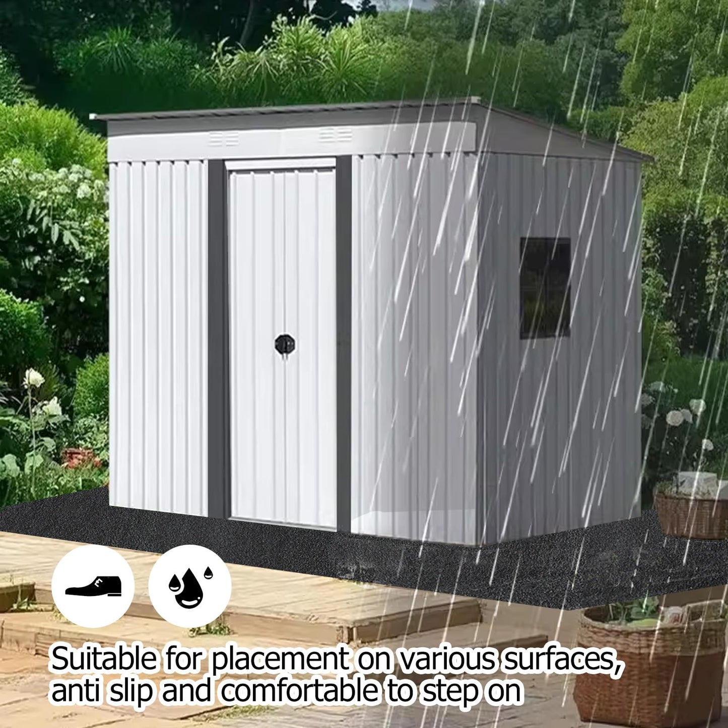 RUNZEG Outdoor Storage Shed Floor Mat, 6 * 8.2FT Waterproof Washable Garden Flooring Pad with Non Slip Backing, Soft Furniture Patio Covering Carport dust Oil Mat-Tool Shed, Storage Shed Not Included