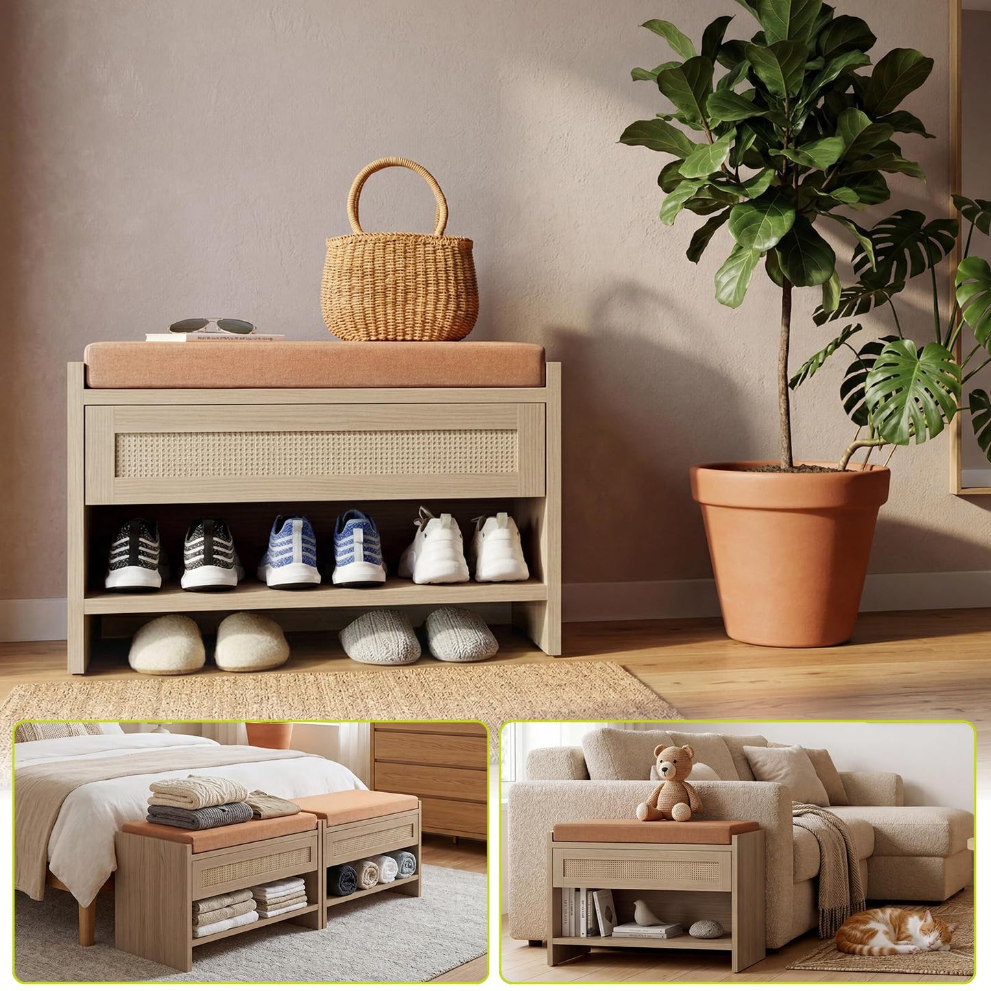 Garvee 32" L Farmhouse Shoe Bench with Storage Drawer & Linen Cushion – Wooden Entryway Bench with Open Shelf for Hallway, Bedroom & Living Room Organization,Light Oak