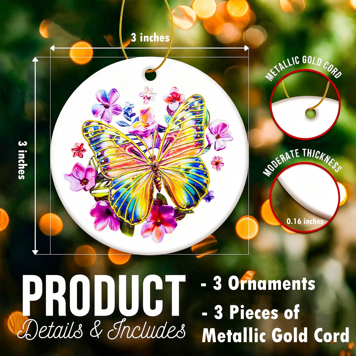 YOXUTEP 3-Pack Ceramic Butterfly Ornaments, Hand-Painted Christmas Tree Decor for Home, Exchange, Xmas Presents & Festive Decoration