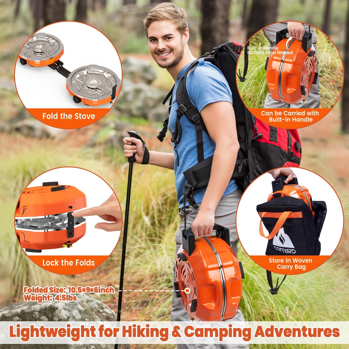 Cofiyard 20,000 BTUs 2 Burner Propane Camping Stove, Portable Folding Camp Stove with Adjustable Burners, Regulator and Carrying Bag, Dual Gas Stoves Easy Carrying Handle for Tailgating, Camping, BBQ