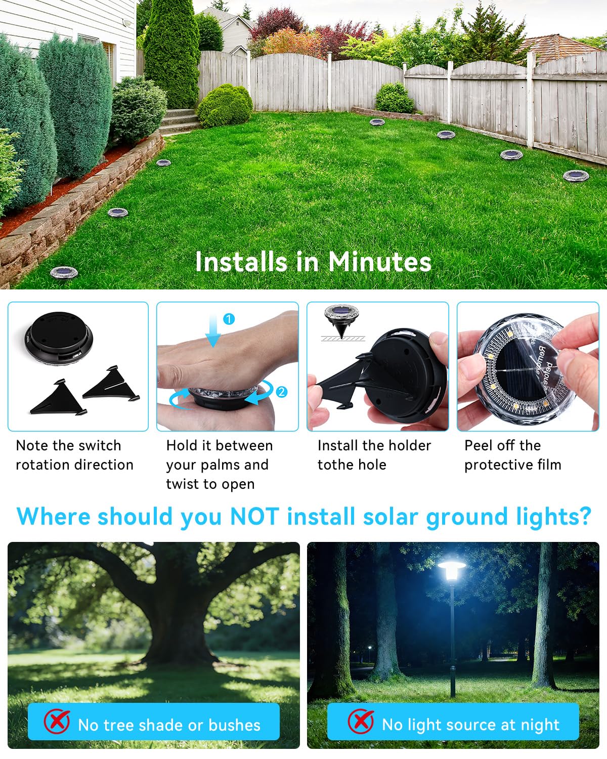 Krinzitt 12 Pack Mini Solar Powered Ground Lights, Bright LED Solar Lights Outdoor Waterproof for Landscape Decoration, Pathway Lighting for Garden Walkway Driveway（Cool White）