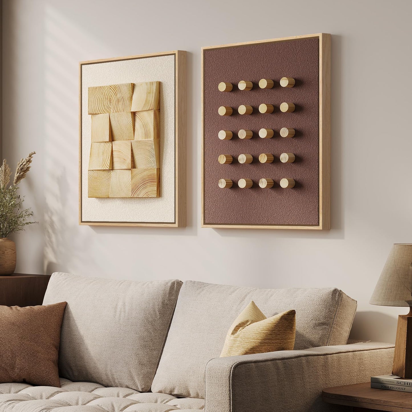 Large Framed Wood Wall Art Set of 2, 3D Minimalist Neutral Geometric Wooden Wall Decor, Modern Beige Brown Textured Paintings Artwork for Living Room, Hallway, Dining Room, Bedroom, Office