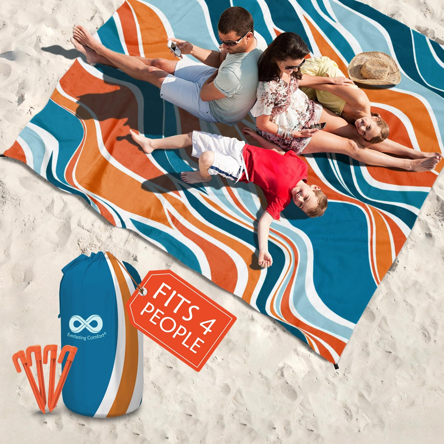 Everlasting Comfort Large Beach Blanket Waterproof & Sandproof - 80" x 80"/ 6.7ft x 6.7ft - Lightweight Picnic Mat, Camping Necessities for 4 People - Accessories for Outdoor Festivals - Orange