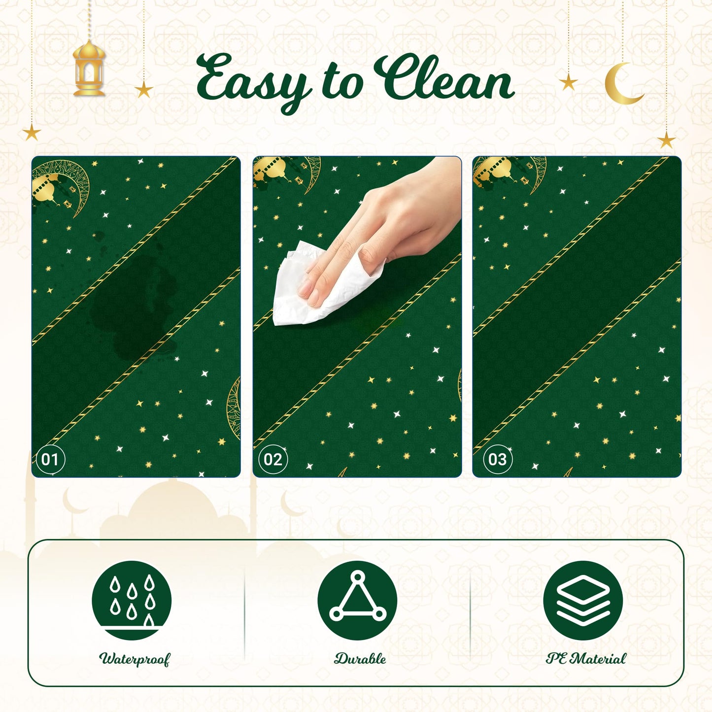 Childom 3 Pack Ramadan Table Cloth,Ramadan Decorations for Home,54" x 108" Eid Mubarak Decorations,Eid Ramadan Tablecloths Rectangular,Green Plastic Table Cloth Disposable Table Cover for Party Favors