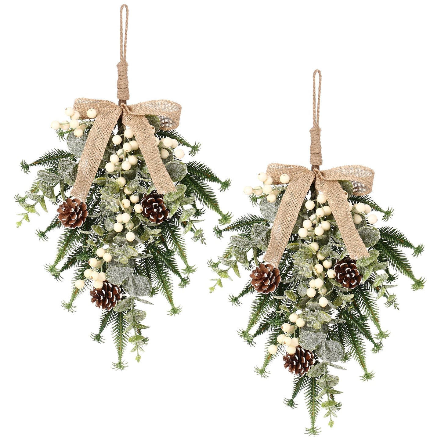 SY Super Bang 2PCS Christmas Decorations, 19Inch Artificial White Berry Front Door/Fireplace Hanging Decorations Include Linen Bow Green Plant, for Home Holiday Wall Party Xmas Decor.