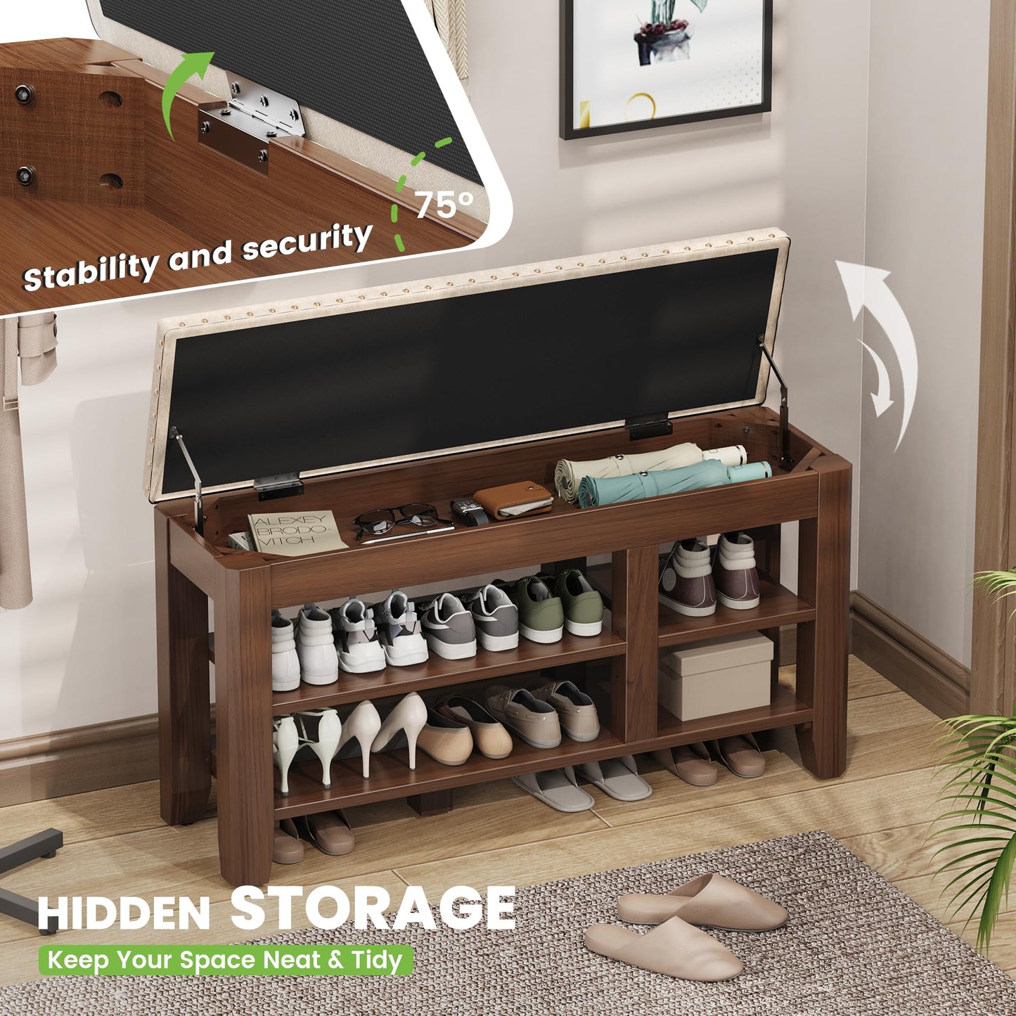 Shoe Bench for Entryway, Solid Rubberwood Shoe Bench with Hidden Storage, Adjustable 2-Tier Shelves & Soft PU Leather Seat, Shoe Rack Durable Easy Assembly for Hallway or Bedroom - Beige, 39.4"