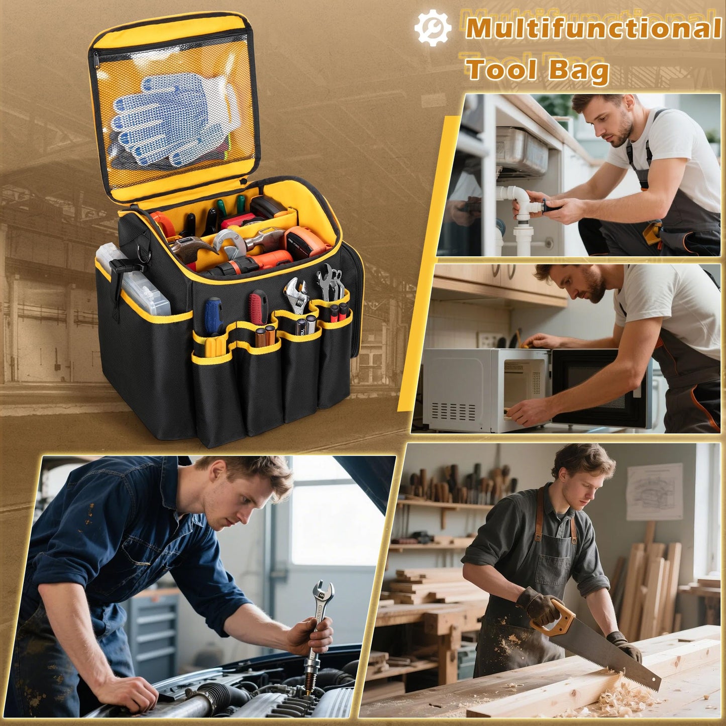 Marscamd Tool Bag with a Detachable Divider and Shoulder Strap, Heavy Duty Tool Tote with Multiple Pockets, Black