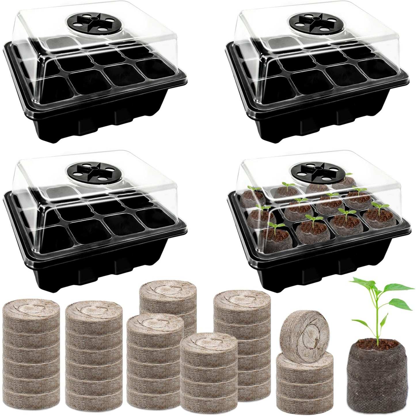Halatool 4 Pack Seed Starter Tray with 50 PCS Peat Pellets, 48 Cells Black Seeding Starter Trays for Organic Seed Starter Soil Pods for Planting Vegetables Plants Flowers - Starting Seeds Kit