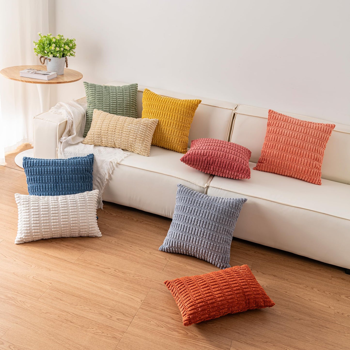 Aegero Pack of 2 Corduroy Decorative Throw Pillow Covers 18x18 Inch Soft Striped Pillow Covers Modern Farmhouse Home Decor for Sofa Living Room Couch Bed(Cream White)